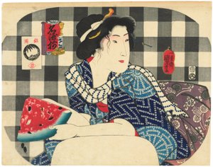 Eine Frau, die ein Stück Wassermelone hält, aus der Serie Berühmte Sake-Marken (Meishu zoroi) von Utagawa Kuniyoshi