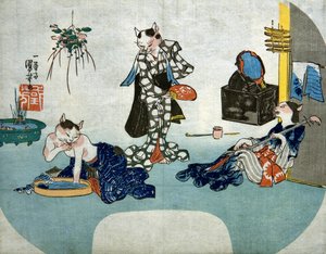 Anthropomorphe Katzen entspannen sich im Sommer, ca. 1842