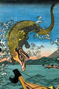 Asahina Yoshihides Kampf mit zwei Krokodilen im Meer vor Kamakura Kotsubo