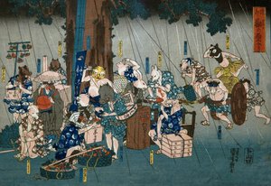 Komische Tiere suchen Schutz vor Regen (Dōke kemono no amayadori), ca. 1842