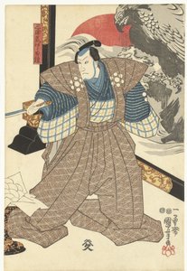 Drei Schauspieler bei einem Paravent von Utagawa Kuniyoshi