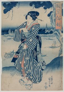 Geisha, die am Ufer des Sumida-Flusses steht (aus der Serie Menschen, die die neuesten Moden und Manieren mögen)
