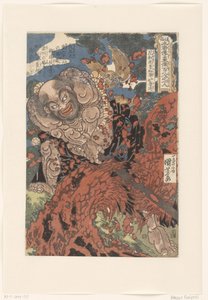 Kwaosho Rochishin, einen Baumstamm in zwei Hälften hackend. Hundertacht Helden des Suikoden, einer nach dem anderen. von Utagawa Kuniyoshi