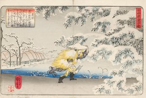 Moso geht durch den Schnee und trägt eine Hacke, um Bambussprossen zu sammeln, um Suppe für seine Mutter zu machen, signiert Ichiyusai Kuniyoshi ga, ca. 1843