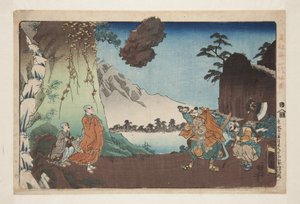 Nichiren und der schwebende Felsen am Berg Komuro am 28. Tag des fünften Monats 1274
