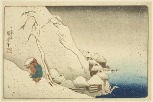Nichiren im Schnee bei Tsukahara auf der Insel Sado (Farbholzschnitt)