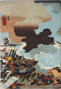 Blatt aus einem Farbholzschnitt-Triptychon mit dem Titel Eiroku yonnen kugatsu yokka Kawanakajima kassen ni Yamamoto Kansuke nyūdō no uchijini no zu von Utagawa Kuniyoshi