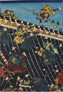 Blatt aus einem Farbholzschnitt-Triptychon, betitelt Hōryukaku shō no zu, Darstellung einer Szene aus dem Hakkenden von Takizawa Bakin, die einen Kampf auf dem Tempeldach zwischen Inuzuka Shino (rechts) und der Polizei unter Inukai Kempachi zeigt, adaptier von Utagawa Kuniyoshi
