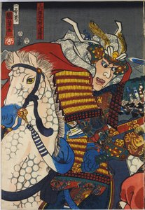 Blatt aus einem Farbholzschnitt-Triptychon, betitelt Kawanakajima kassen (Die Schlacht von Kawanakajima), Darstellung einer Nahaufnahme der persönlichen Begegnung der beiden Anführer, Uesugi Kenshin (links) und Takeda Shingen: Japan, Edo, von Utagawa Kuniy von Utagawa Kuniyoshi