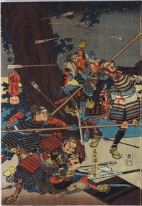 Blatt aus einem Farbholzschnitt-Triptychon mit dem Titel Shinshū Odai kassen no zu von Utagawa Kuniyoshi