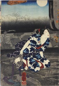 Blatt aus einem Farbholzschnitt-Triptychon mit dem Titel Imayo Teru-uji furudera no kozu, das eine Szene in einem verfallenen Tempel bei Mondlicht zeigt, mit zerrissenen und abblätternden Fusuma, wobei Teru-uji ein Handtuch anbietet