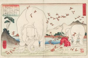 Taishun pflügt ein Feld mit Hilfe von Elefanten und einem Spatzenschwarm, signiert Ichiyusai Kuniyoshi ga, ca. 1843
