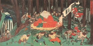 Ushiwakamaru lernt die Kunst des Fechtens von den Tengu, beobachtet von ihrem Meister Sojobo