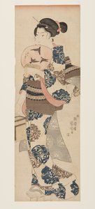 Frau mit Fächer und Insektenkäfig von Utagawa Kuniyoshi