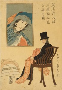 Englischer Kaufmann sortiert Stoffe für den Handel in Yokohama, 1861