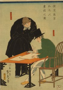 Ausländer in Yokohama schließen Vertrag in einem Handelshaus ab, 1861