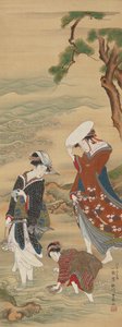 Zwei Frauen und ein Mädchen am Meer von Utagawa Toyoharu