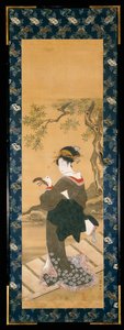 Ganzkörperporträt einer Frau, die ihr Shamisen auf einer Veranda stimmt von Utagawa Toyokuni
