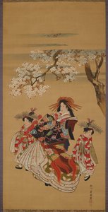 Kurtisane mit zwei Kamuro unter Kirschblüten von Utagawa Toyokuni