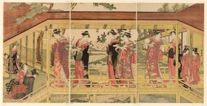 Eine Prozession von Frauen mit Shimadai-Dekorationen