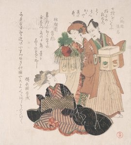 Schauspieler Nakamura Utayemon mit zwei Frauen, die sich auf die Neujahrszeremonie vorbereiten, 19. Jahrhundert von Utagawa Toyokuni I