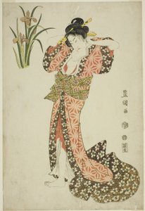 Schwertlilien: Schönheit richtet Haare, aus einer unbetitelten Serie von Schönheiten und Blumen von Utagawa Toyokuni I