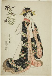 Lilien: junge Frau, die einen Brief hält, aus einer unbetitelten Serie von Schönheiten und Blumen von Utagawa Toyokuni I