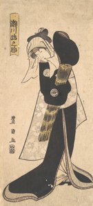 Der Schauspieler Segawa Kikunojo III als Frau in schwarzem Gewand mit Strohhut, 1798