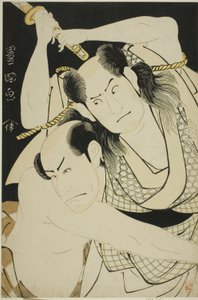 Die Schauspieler Sawamura Sojuro II als Satsuma Gengobei und Arashi Ryuzo II als Mawashi-otoko Yasuke im Stück "Edo Sunago Kichirei Soga," aufgeführt im Miyako-Theater im ersten Monat, 1795