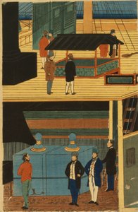 Ein amerikanisches Dampfschiff mit einer Gruppe von Passagieren unter Deck und Aktivitäten an Deck