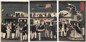 Ankunft und Abfahrt eines amerikanischen Dampfschiffs (Amerikakoku jokisha orai)