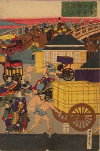 Blühender Nihonbashi-Abschnitt von Tokio. Tokio Nihonbashi han ei no zu Triptychon