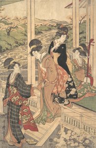 Gruppe von Frauen auf der Engawa eines Landhauses zur Zeit der Kirschblüte von Utamaro II