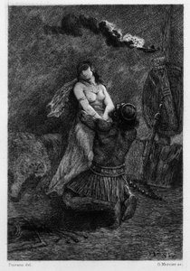 Er kniete auf dem Boden vor ihr. Illustration von V.A. Poirson (1890) für den Roman „Salammbo“ von Gustave Flaubert, der den Söldnerkrieg zur Zeit des Ersten Punischen Krieges (246-241 v. Chr.) zwischen den Römern und Karthagern als Rahmen nimmt