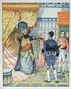 Der Dey von Algier, Hussein ibn El Hussein schlägt den französischen Botschafter M. Deval mit einem Fächer, 27. April 1827, Titelbild eines Schulbuchs, 1891 von Victor Armand Poirson