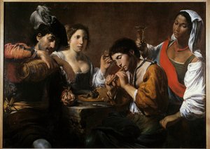 Treffen in einem Kabarett Gemälde von Valentin de Boulogne (1591-1632) 17. Jahrhundert von Valentin de Boulogne