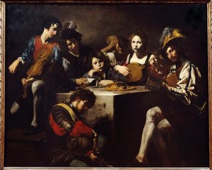 Das Konzert im Flachrelief. Musiker versammelt um einen skulptierten Altar. Gemälde von Valentin de Boulogne (1591-1632)