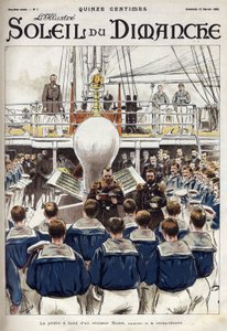 Das Gebet der Matrosen an Bord eines russischen Kreuzers. Nach einem Aquarell von Herrn Gribayedoff. Gravur in „Le soleil-du-dimanche“ von Valerian Gribayedoff