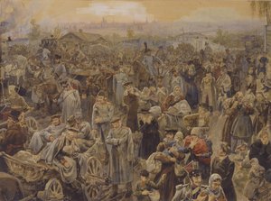 Der Rückzug der russischen Truppen aus Moskau im Jahr 1812, 1907 von Vasili Petrovich Lebedev