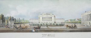Das Sankt Petersburger Kaiserliche Bolschoi Kamenny Theater aus dem Panorama des Newski-Prospekts