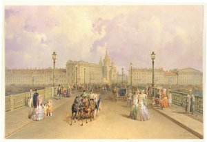 Ansicht der Blagoweschtschenski-Brücke in Sankt Petersburg, 1851 von Vasili Semenovich Sadovnikov