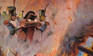 Soldaten führen Napoleon Bonaparte durch das Feuer in Moskau