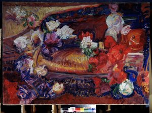 Stillleben mit einem dekorativen Kissen und Blumen von Vasily Ivanovich Denisov