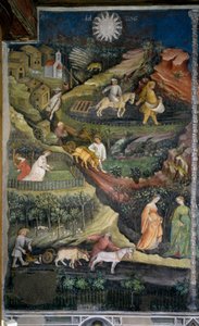 April: Pflügen und Säen der Felder. Agrarszene mit Pflug, Egge und landwirtschaftlichen Werkzeugen auf dem Land. Gemälde des Meisters der Monate oder Meister Wenzel (Anfang des 15. Jahrhunderts) von Venceslao Maestro