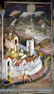 Dezember: Die Holzfäller sammeln das Holz und bringen es in die Stadt Trient, wo die Mauer und das Schloss Buonconsiglio dargestellt sind. Gemälde des Meisters der Monate oder Meister Wenzel (Anfang des 15. Jahrhunderts) von Venceslao Maestro