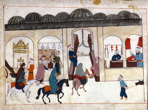 Ein Marsch aus Konstantinopel. Miniatur aus „Türkische Denkmäler“ (Codex Cicogna 1971 „Memorie Turchesche“) Aquarell aus der venezianischen Schule des 17. Jahrhunderts.