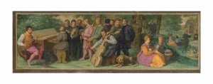 Ein pastorales Konzert mit eleganten Figuren, die eine Zister, ein Klavichord, eine Violine, eine Kornett, eine Posaune und ein Violoncello spielen von Venetian School