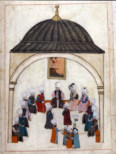 Verwaltung unter dem Osmanischen Reich: eine Anhörung unter dem Vorsitz des Großwesirs. Miniatur aus "Türkische Denkmäler" (Codex Cicogna 1971 "Memorie Turchesche") Aquarell aus der venezianischen Schule des 17. Jahrhunderts