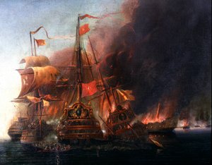 Schlacht zwischen den osmanischen und venezianischen Flotten vor Famagusta während der Belagerung Zyperns im Jahr 1570 von Venetian School