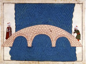Konstantinopel. Galata-Brücke. Miniatur aus „Türkische Denkmäler“ (Codex Cicogna 1971 „Memorie Turchesche“) Aquarell aus der venezianischen Schule des 17. Jahrhunderts von Venetian School